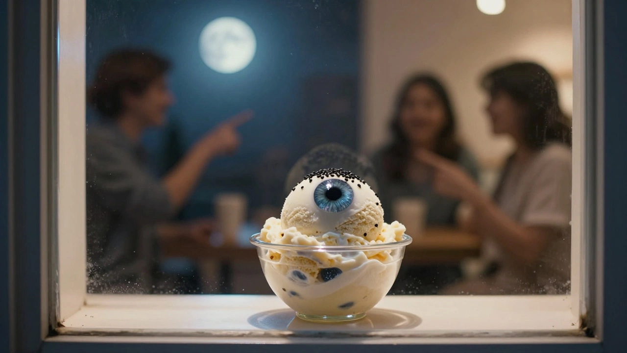A dark sesame ice cream scoop with glitter eyeball details displayed in a neon-lit shop window.