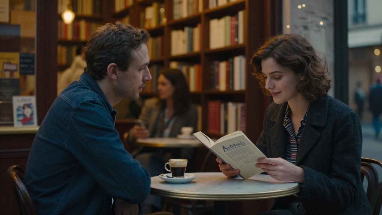 A man and woman in a Paris café, one reading Camus, the other smiling faintly in the dim evening light.