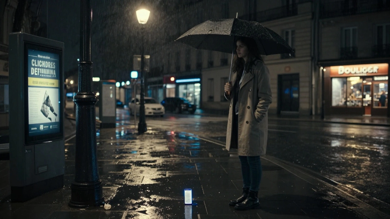 A young woman standing alone under a rainy Paris streetlamp, her reflection in a puddle beside a discarded ad.