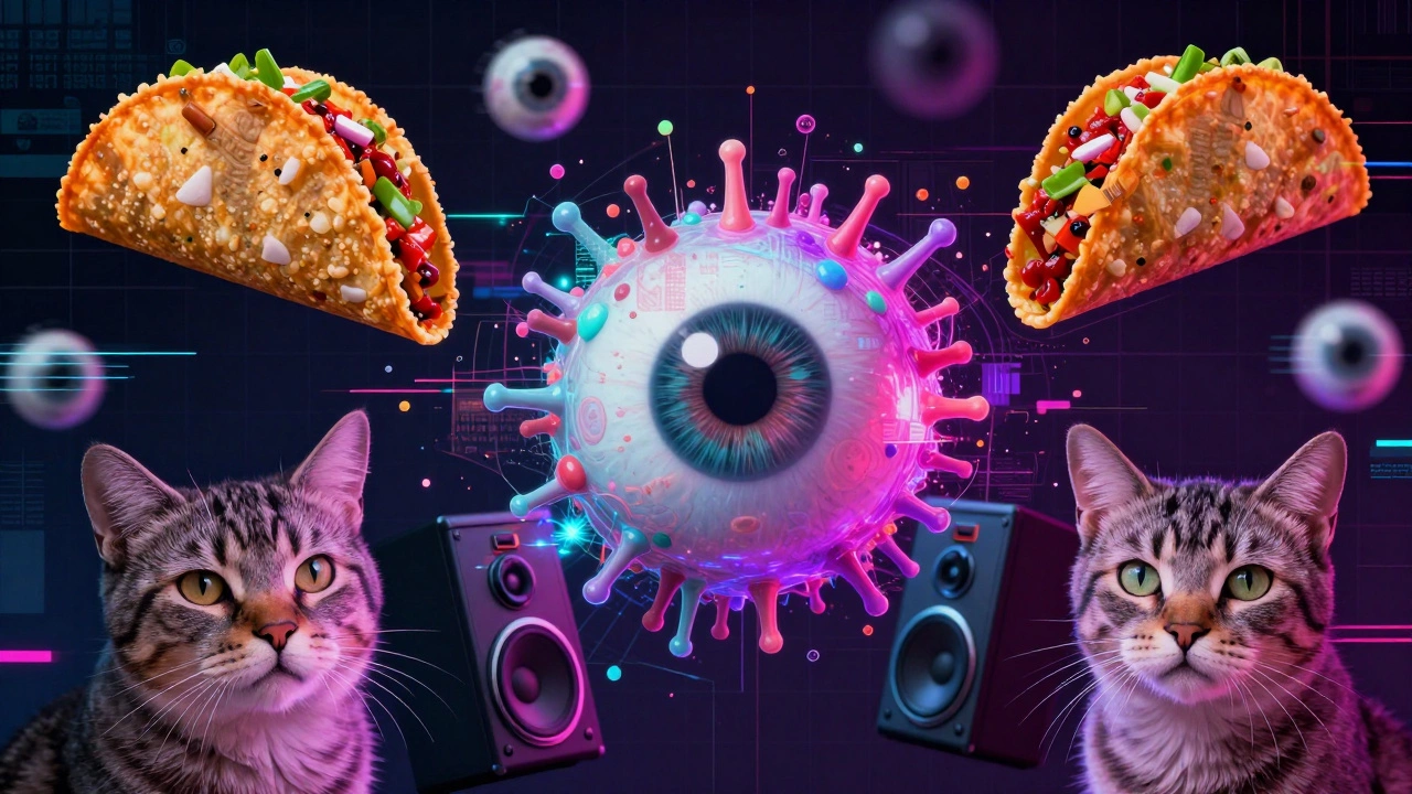 Floating eyeballs blend with food, music, and cats in a glitchy neon internet meme collage.